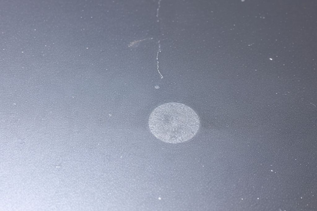 Close-up of a car's paint surface with a large, visible water spot, showcasing how mineral deposits can etch into the paint over time.