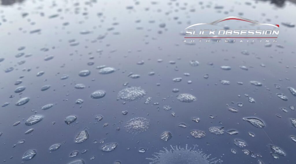 Close-up of a car's surface with multiple water spots, highlighting water beading on the paint. The logo "Slick Obsession Auto Detailing" is visible in the top right corner.